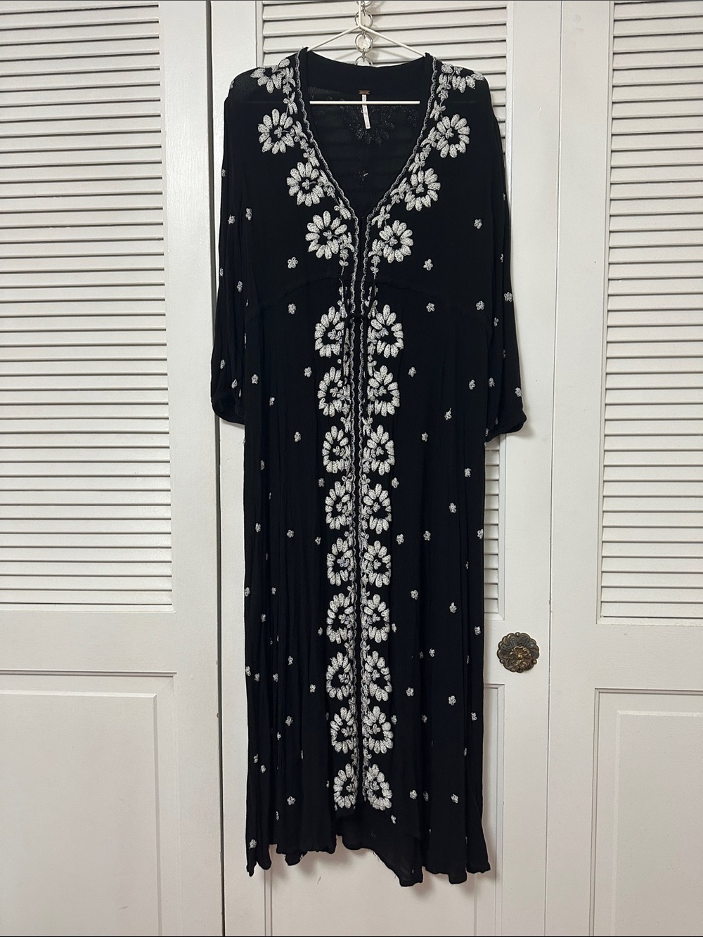 Free People Black Maxi Dress with White Floral Embroidery Accents